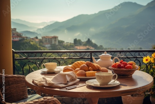 Breakfast with coffee and fresh pastries on the terrace overlooking the mountains © PinkiePie