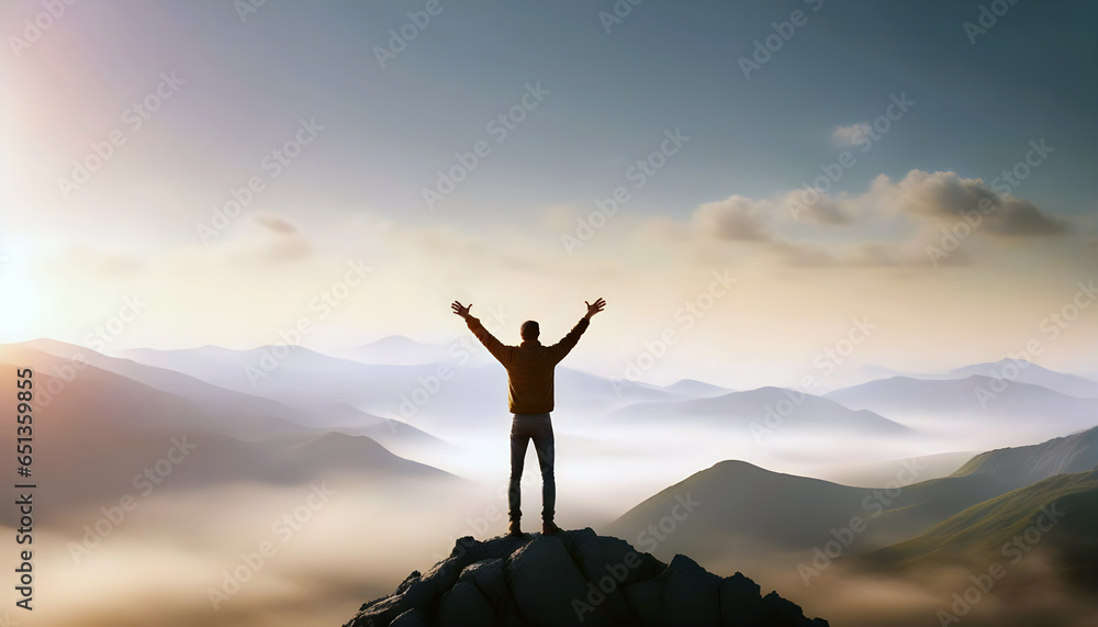 Motivational image of a lonely man at the top of a mountain raising his hands in the air at sunrise.