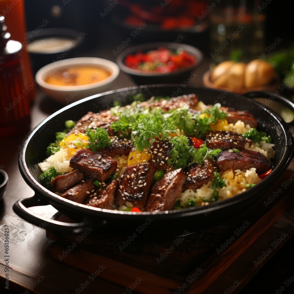 A delicious serving of wagyu beef over fried rice. Generative AI. A delicious serving of wagyu beef over fried rice. Generative AI.