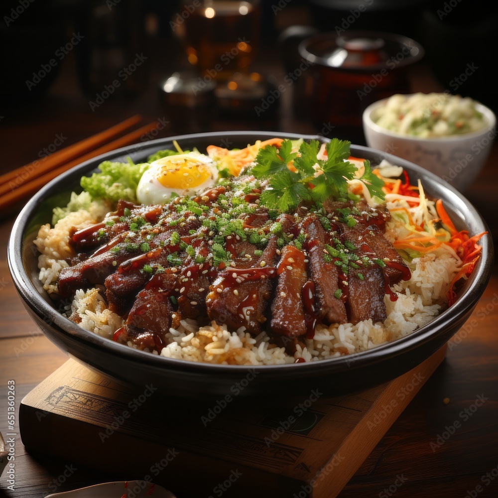 A delicious serving of wagyu beef over fried rice. Generative AI. A delicious serving of wagyu beef over fried rice. Generative AI.
