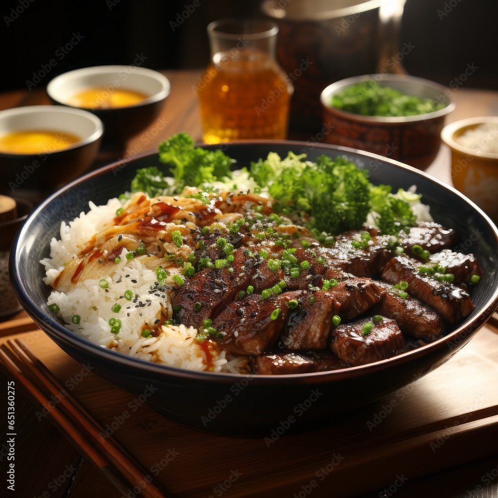 A delicious serving of wagyu beef over fried rice. Generative AI. A delicious serving of wagyu beef over fried rice. Generative AI.