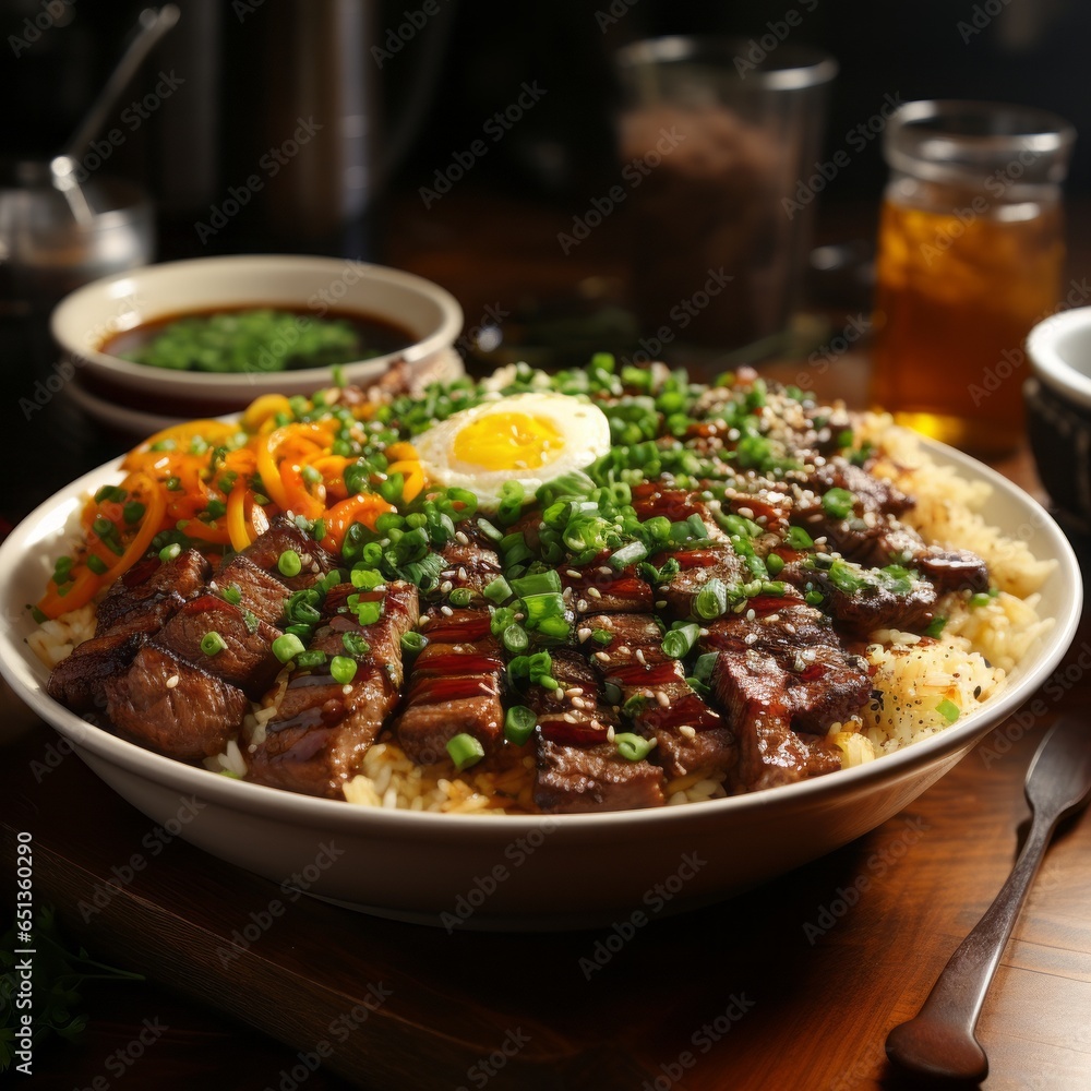 A delicious serving of wagyu beef over fried rice. Generative AI. A delicious serving of wagyu beef over fried rice. Generative AI.