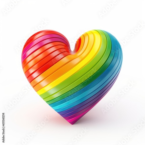 A 3d heart, regulary striped with the colors of the rainbow, isolated on white background photo