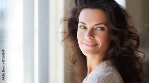Mature woman in casual standing near window at home. Close up face of smiling cheerful lady near window with copy space. Free Download Mature woman in casual standing near window at home. Close up face of smiling cheerful lady near window with copy space. - GFXLoad