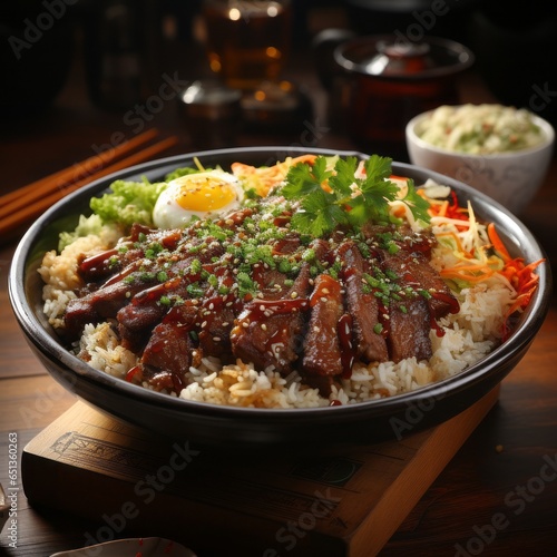 A delicious serving of wagyu beef over fried rice. Generative AI. 