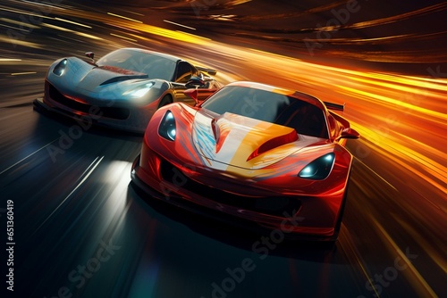 Three speedy cars zooming around a track. Generative AI © Euphemia