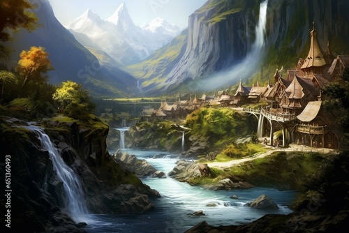 Artwork illustrating the picturesque town of Rivendell in  Lord of the Rings . Generative AI