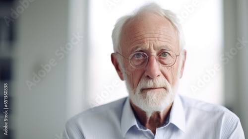 Head shot portrait serious older man looking at camera. Mature man with a gray beard.