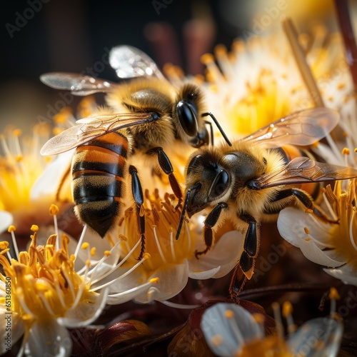 Bees working together to pollinate flowers. Generative AI.  © Elle Arden 