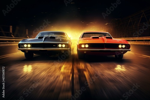 Two fast cars with headlights on ready for drag racing start. Generative AI © Daniel