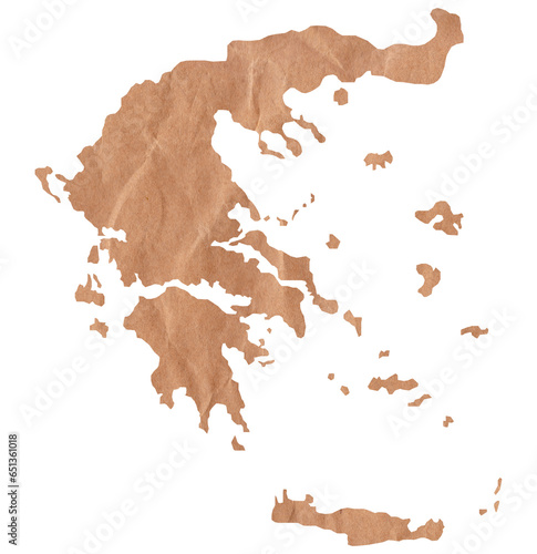 Map of Greece made with crumpled kraft paper. Handmade map with recycled material