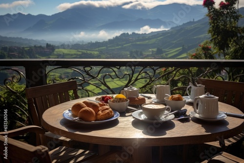 Breakfast with coffee and fresh pastries on the terrace overlooking the mountains
