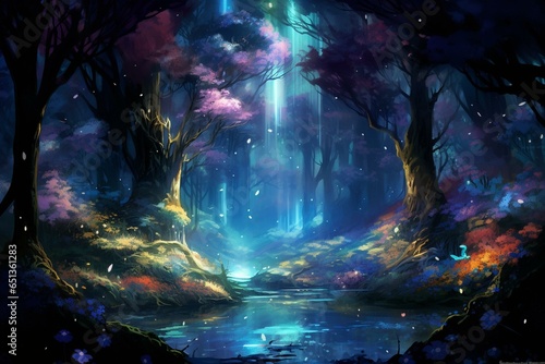 A breathtaking scenery with vibrant flora  ethereal woods  and mesmerizing luminescent phenomena. Generative AI