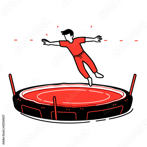Trampoline bed vector icon in minimalistic, black and red line work, japan web