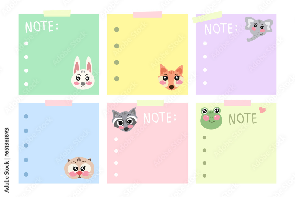 Set of simple vector notes or reminder with cute kawaii animals. Memo note organizer. Note, notes template for kids, for children Set of simple vector notes or reminder with cute kawaii animals. Memo note organizer. Note, notes template for kids, for children