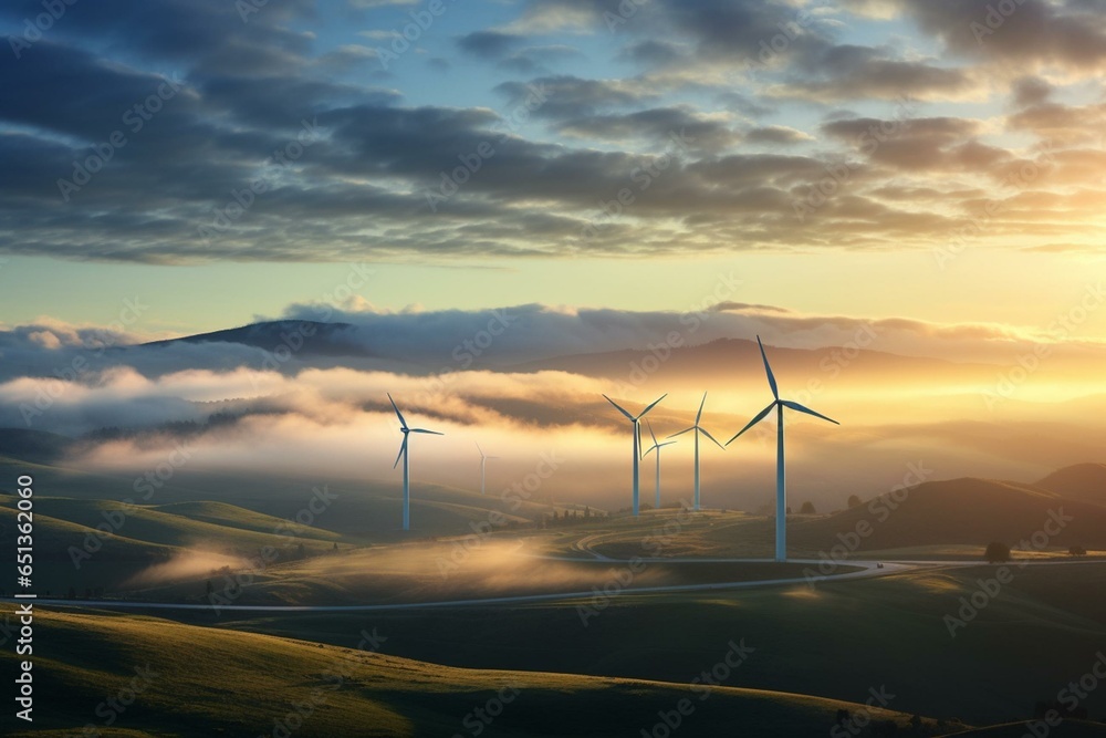 Morning sky with wind turbines in the Te Apiti wind farm in New Zealand. Generative AI