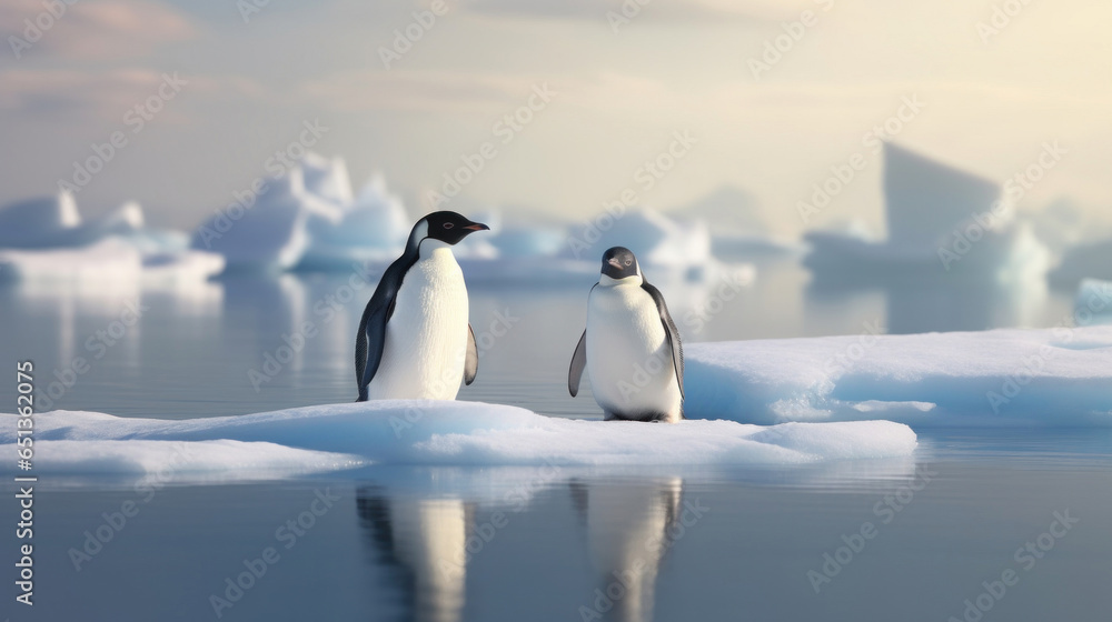 Two cute penguins on an ice floe.