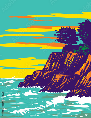 WPA poster art of surf beach at Pleasure Point Beach in Santa Cruz, California CA, United States of America USA done in works project administration. 