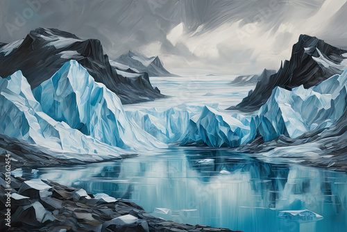 Abstract oil painting, Icelandic landscape with glacier 