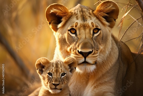 Lioness with cub. Generative AI