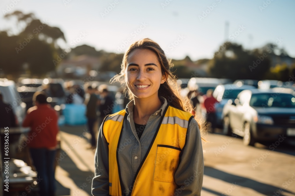 Portrait of a young caucasian woman volunteer in a parking lot of a community center