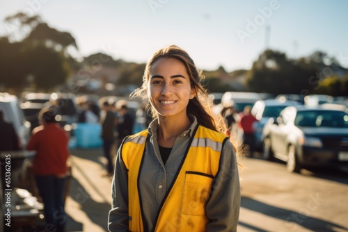 Portrait of a young caucasian woman volunteer in a parking lot of a community center © Geber86