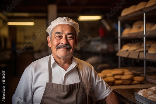 Portrait of a middle aged mexican or hispanic baker working in a bakery