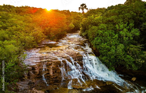Scenic aerial view of Iracema Presidente Figueiredo waterfall at sunset in Brazil photo
