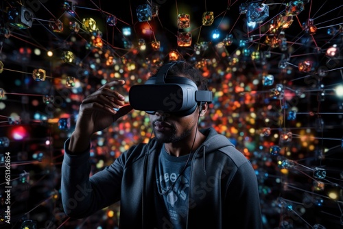 A data scientist in a virtual reality environment, exploring a 3D representation of a complex data structure, using a VR headset