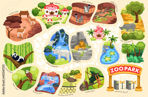 Zoo park map. Poster with different exotic animal and bird, stalls and walkway. Banner with panda and lion, snake and limur, flumpingo and ostrich, turtle and monkey. Cartoon flat vector illustration