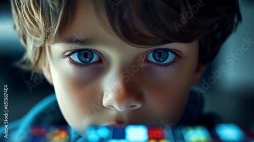a boy engrossed in a digital puzzle-solving game that teaches complex mathematical concepts, his strategic thinking and problem-solving skills honed through immersive gameplay photo