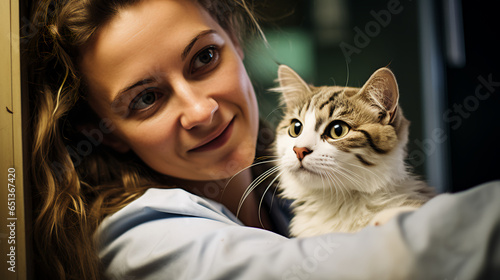a female veterinarian tends to a beloved pet with compassion in her eyes. This image showcases the nurturing role women play in animal health photo