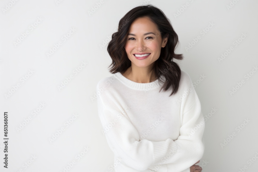 Lifestyle portrait photography of a Vietnamese woman in her 30s wearing a cozy sweater against a white background Lifestyle portrait photography of a Vietnamese woman in her 30s wearing a cozy sweater against a white background