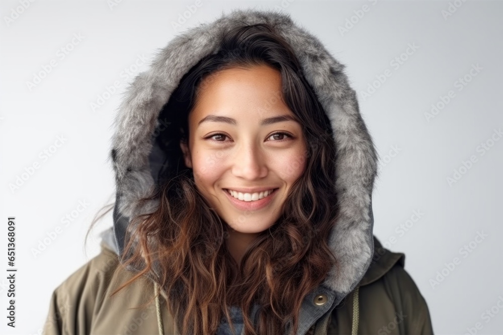 Medium shot portrait photography of a Vietnamese woman in her 30s wearing a warm parka against a white background Medium shot portrait photography of a Vietnamese woman in her 30s wearing a warm parka against a white background