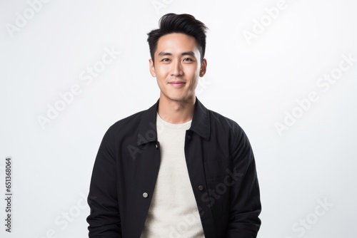Lifestyle portrait photography of a Vietnamese man in his 20s against a white background