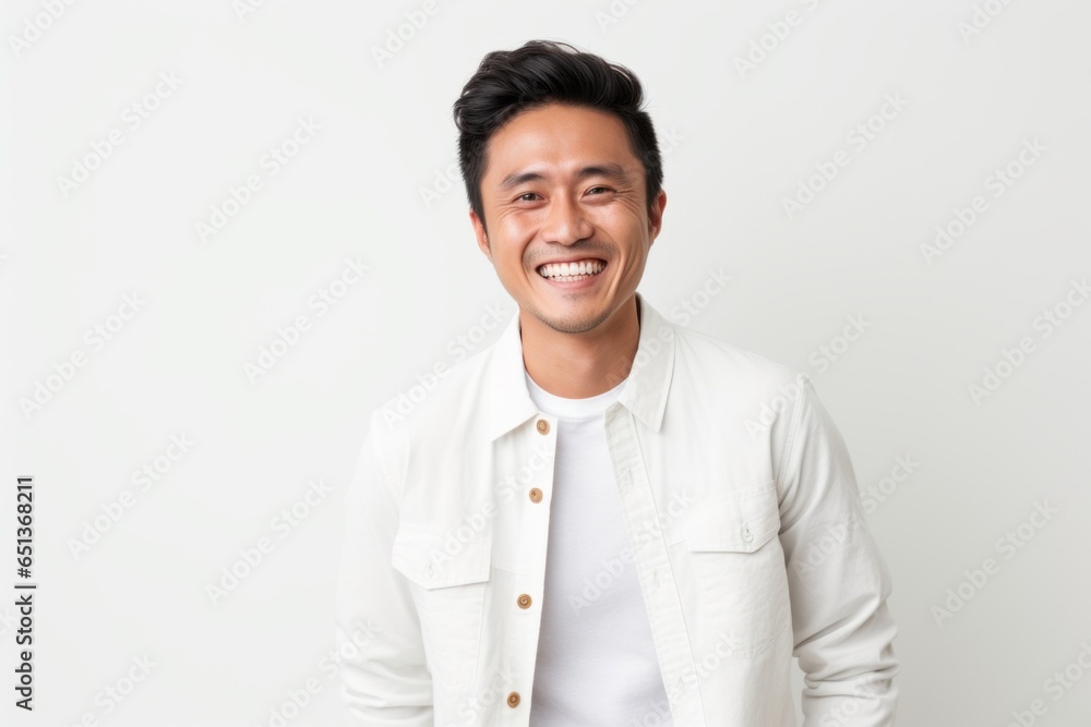 Lifestyle portrait photography of a happy Vietnamese man in his 30s against a white background Lifestyle portrait photography of a happy Vietnamese man in his 30s against a white background