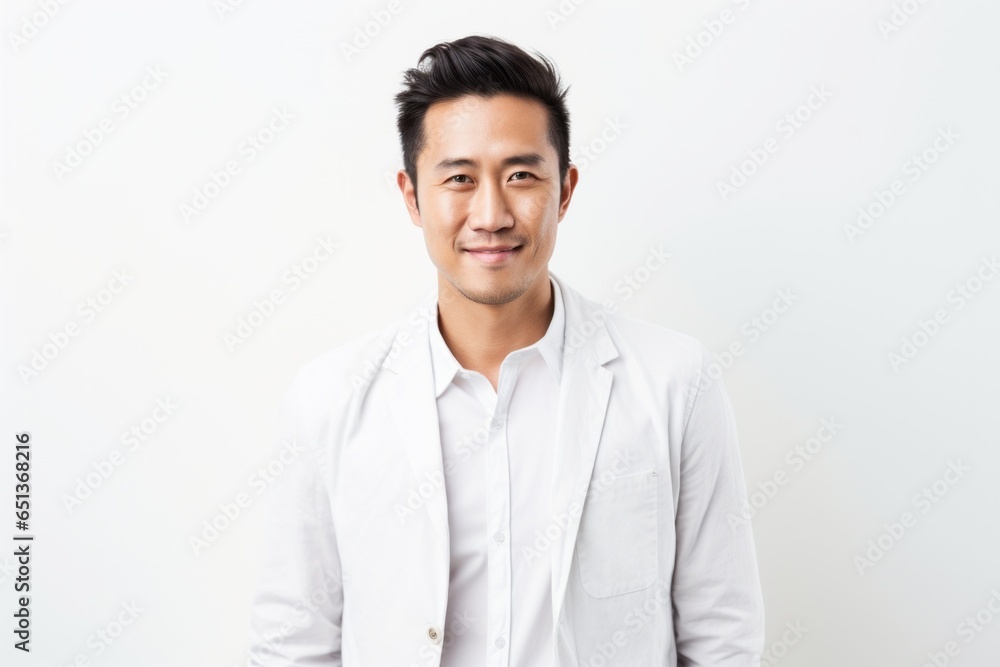 Lifestyle portrait photography of a Vietnamese man in his 30s against a white background Lifestyle portrait photography of a Vietnamese man in his 30s against a white background