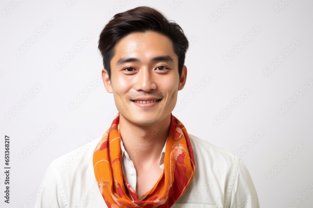 Medium shot portrait photography of a Vietnamese man in his 30s wearing a foulard against a white background Medium shot portrait photography of a Vietnamese man in his 30s wearing a foulard against a white background
