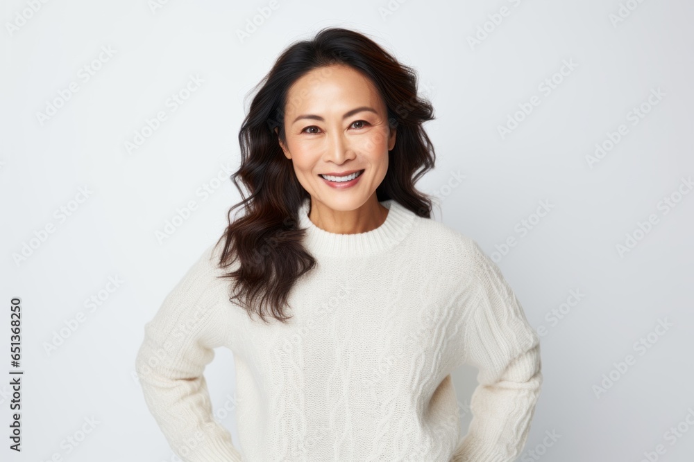 Medium shot portrait photography of a Vietnamese woman in her 40s wearing a cozy sweater against a white background