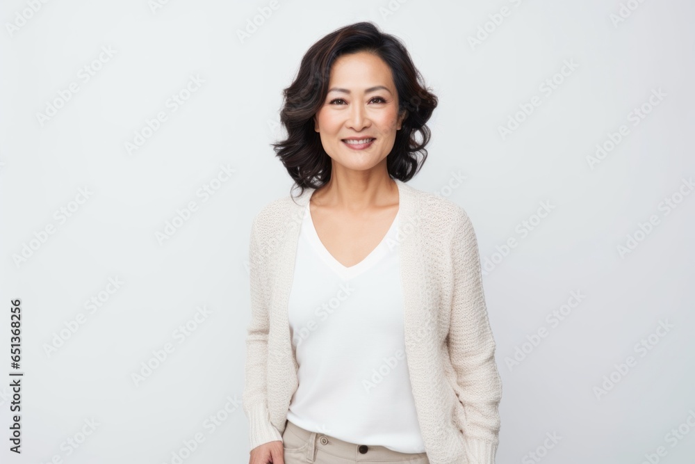 Medium shot portrait photography of a Vietnamese woman in her 40s against a white background Medium shot portrait photography of a Vietnamese woman in her 40s against a white background