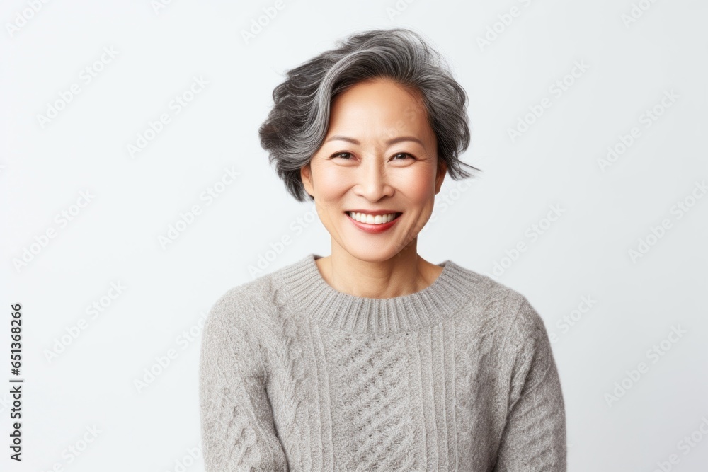 Group portrait photography of a happy Vietnamese woman in her 40s wearing a cozy sweater against a white background Group portrait photography of a happy Vietnamese woman in her 40s wearing a cozy sweater against a white background