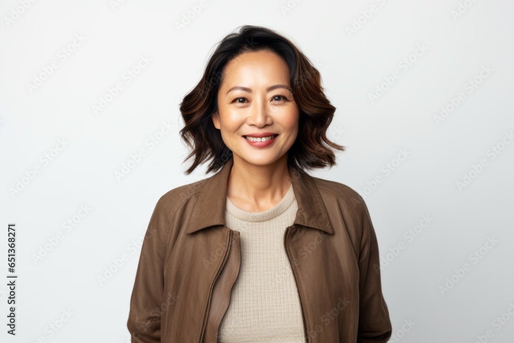 Medium shot portrait photography of a Vietnamese woman in her 40s against a white background