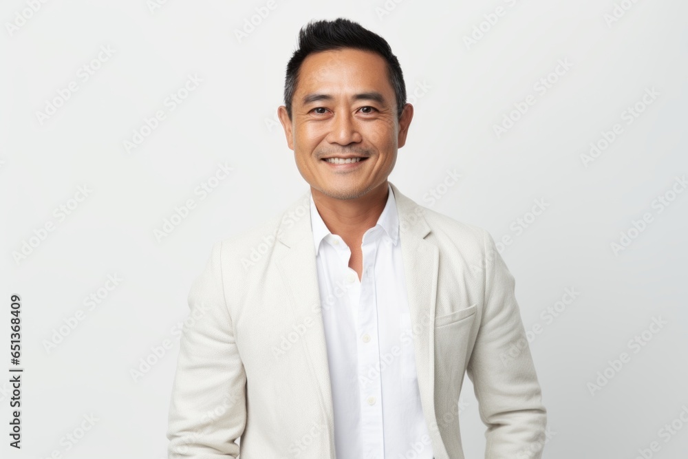 Lifestyle portrait photography of a serious Vietnamese man in his 40s against a white background Lifestyle portrait photography of a serious Vietnamese man in his 40s against a white background