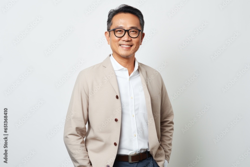 Group portrait photography of a tender Vietnamese man in his 40s against a white background Group portrait photography of a tender Vietnamese man in his 40s against a white background
