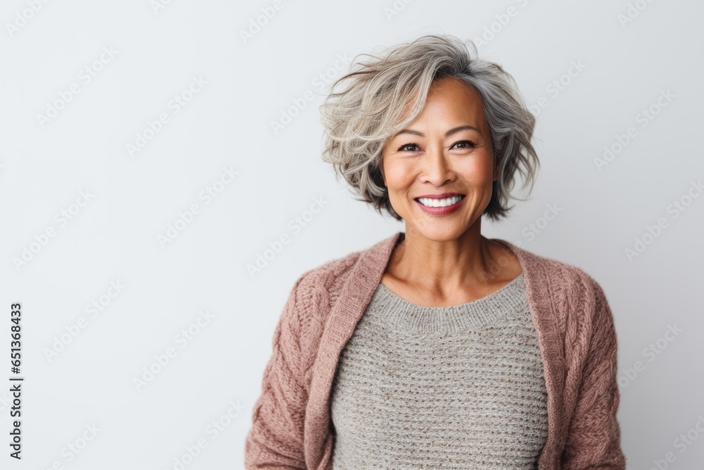 Lifestyle portrait photography of a Vietnamese woman in her 50s wearing a cozy sweater against a white background Lifestyle portrait photography of a Vietnamese woman in her 50s wearing a cozy sweater against a white background