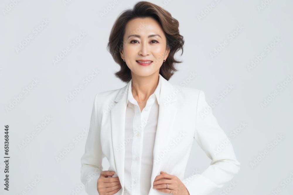 Medium shot portrait photography of a Vietnamese woman in her 50s wearing a classic blazer against a white background Medium shot portrait photography of a Vietnamese woman in her 50s wearing a classic blazer against a white background