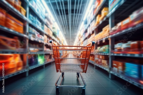 Abstract view of a shopping cart amidst shelves inside a supermarket with an out of focus backdrop. Generative AI