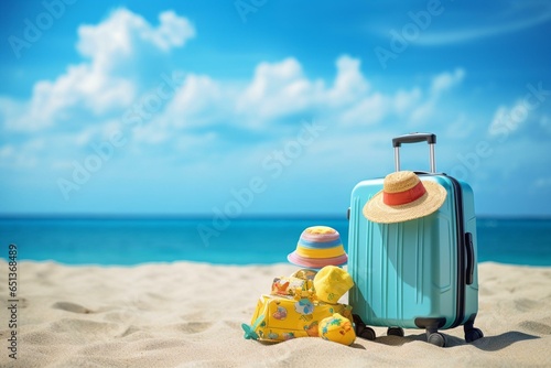 Suitcase with beach gear on sandy beach with ocean and sky. Summer vacation idea. Generative AI