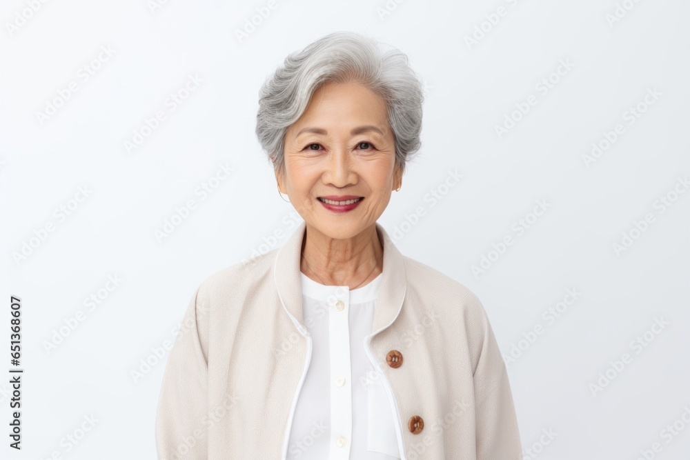 Medium shot portrait photography of a Vietnamese woman in her 70s against a white background Medium shot portrait photography of a Vietnamese woman in her 70s against a white background