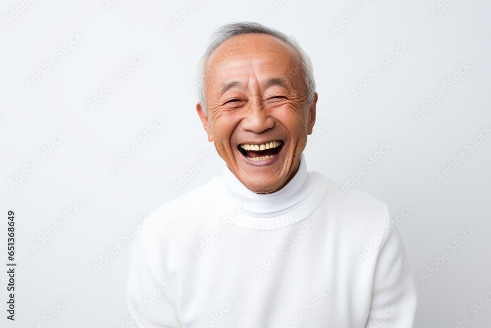 Lifestyle portrait photography of a happy Vietnamese man in his 80s against a white background Lifestyle portrait photography of a happy Vietnamese man in his 80s against a white background
